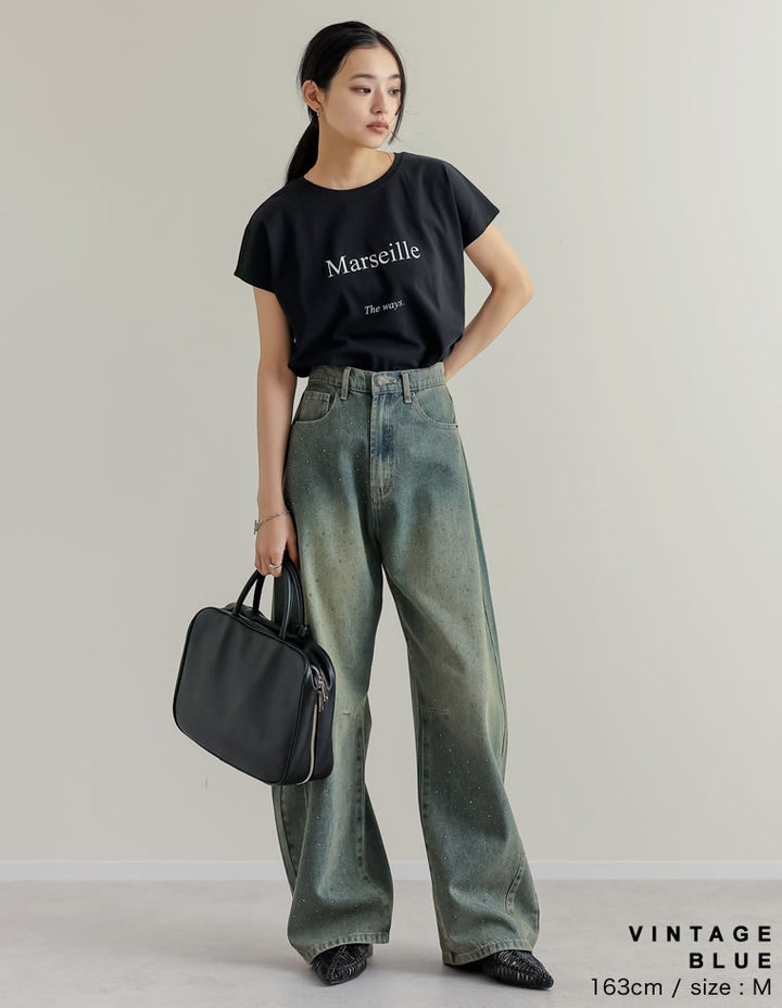 【TIME SALE 15%OFF】[低身長/高身長サイズ有]メタルストーンバレルレッグデニムパンツ パンツ 人気レディースファッション通販 リエディ