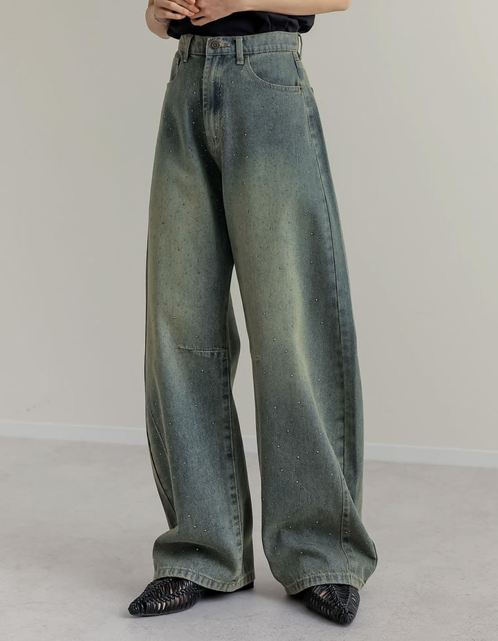 【TIME SALE 15%OFF】[低身長/高身長サイズ有]メタルストーンバレルレッグデニムパンツ パンツ 人気レディースファッション通販 リエディ