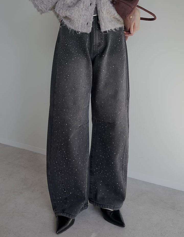 【TIME SALE 15%OFF】[低身長/高身長サイズ有]メタルストーンバレルレッグデニムパンツ パンツ 人気レディースファッション通販 リエディ