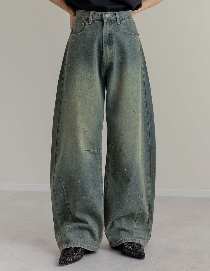 【TIME SALE 15%OFF】[低身長/高身長サイズ有]メタルストーンバレルレッグデニムパンツ パンツ 人気レディースファッション通販 リエディ