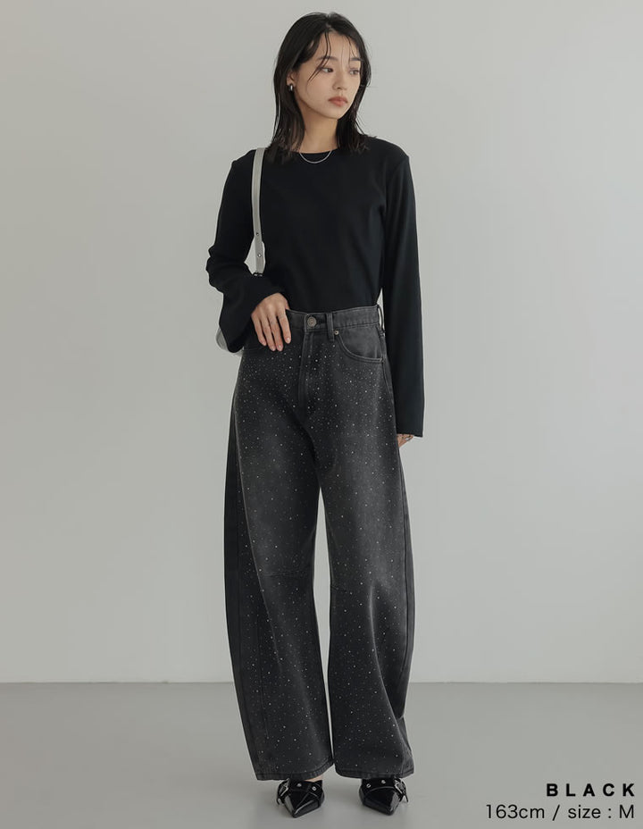 【TIME SALE 15%OFF】[低身長/高身長サイズ有]メタルストーンバレルレッグデニムパンツ パンツ 人気レディースファッション通販 リエディ