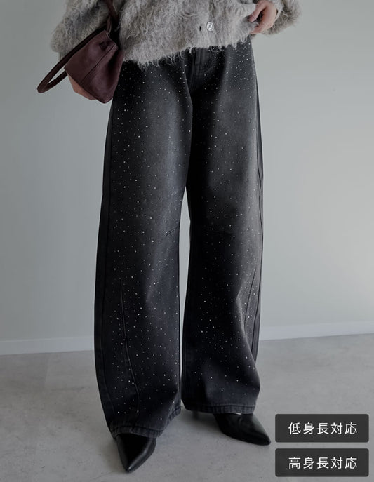 【TIME SALE 15%OFF】[低身長/高身長サイズ有]メタルストーンバレルレッグデニムパンツ パンツ 人気レディースファッション通販 リエディ