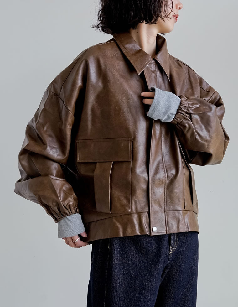 【美品】crewre フェイクレザージップブルゾン ダークブラウン size3 セール】FREAK'S STORE/フリークスストア フェイクレザー ジップ