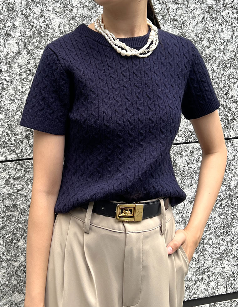 ケーブルクルーネック半袖ニットトップス - トップス通販 | 人気