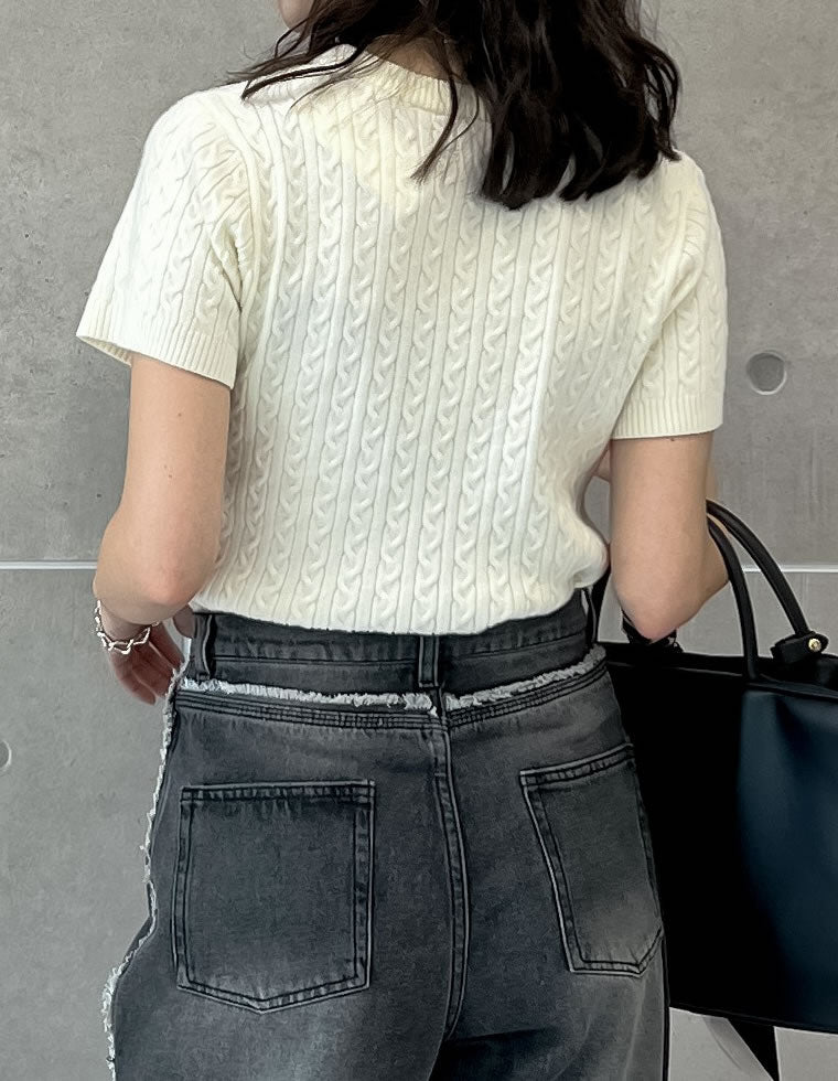 ケーブルクルーネック半袖ニットトップス - トップス通販 | 人気