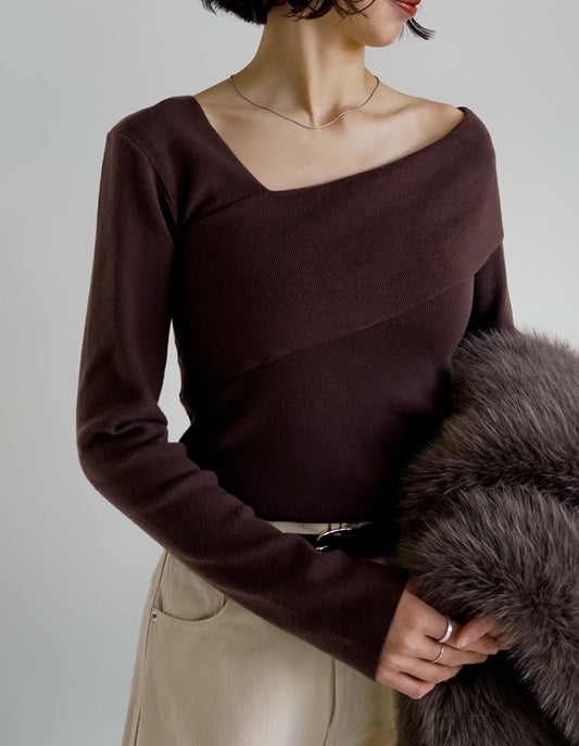 【TIME SALE 15%OFF】[新色追加]アシンメトリーネックニットトップス
