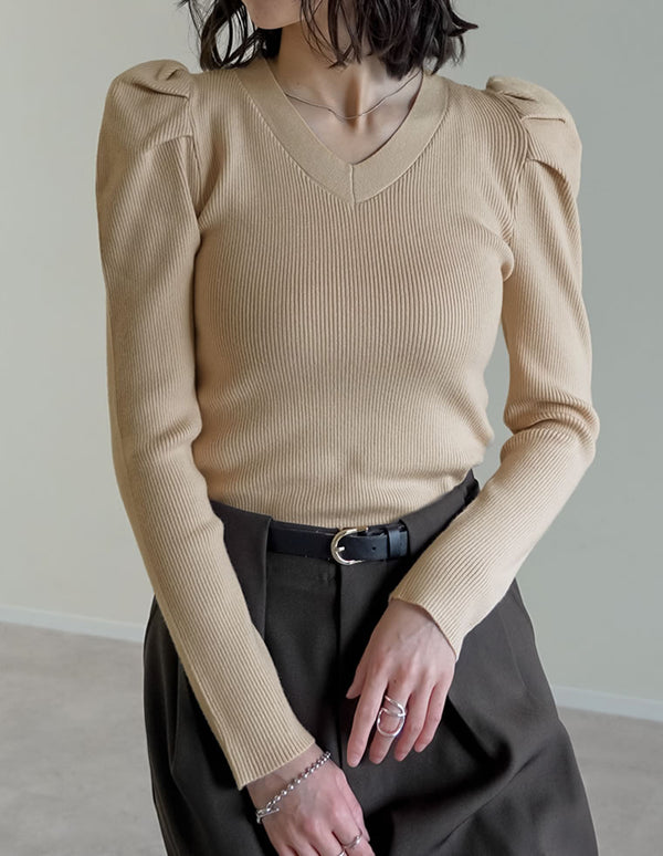 【TIME SALE 20%OFF】[全骨格きれい見え]Vネックパフスリーブニットトップス