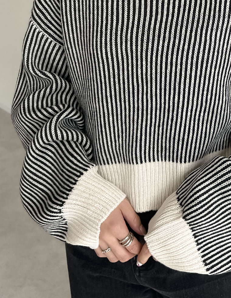 クルーネックストライプニットトップス - トップス通販 | 人気
