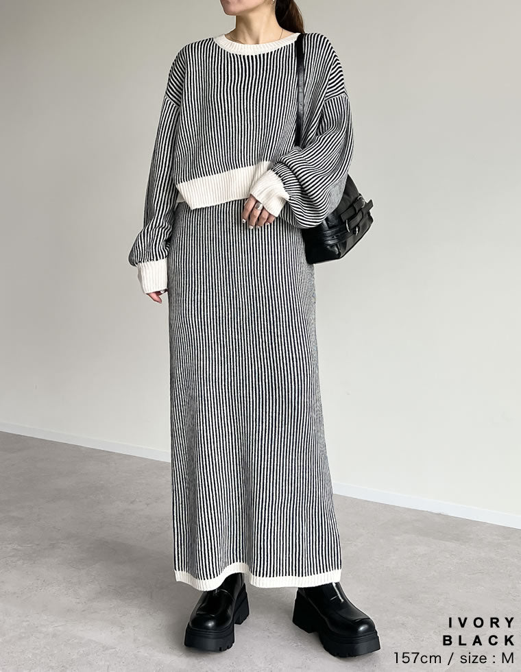 クルーネックストライプニットトップス - トップス通販 | 人気