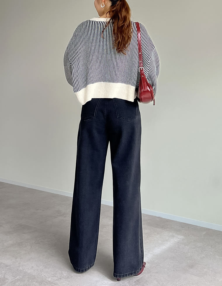 クルーネックストライプニットトップス - トップス通販 | 人気