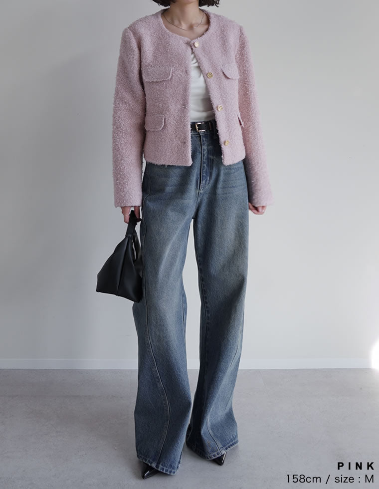 ☆プラダ ウール ツイード リボン ノーカラー ジャケット イタリア製 美品✨PRADA ツイード ノーカラージャケット リボン イタリア製 40