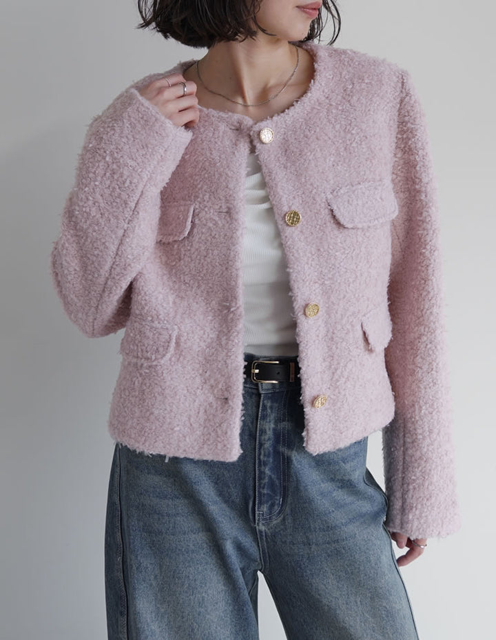 【TIME SALE 20%OFF】[入卒式 セレモニー]ボアリボン金釦ノーカラーツイードジャケット ジャケット/アウター 人気レディースファッション通販 リエディ