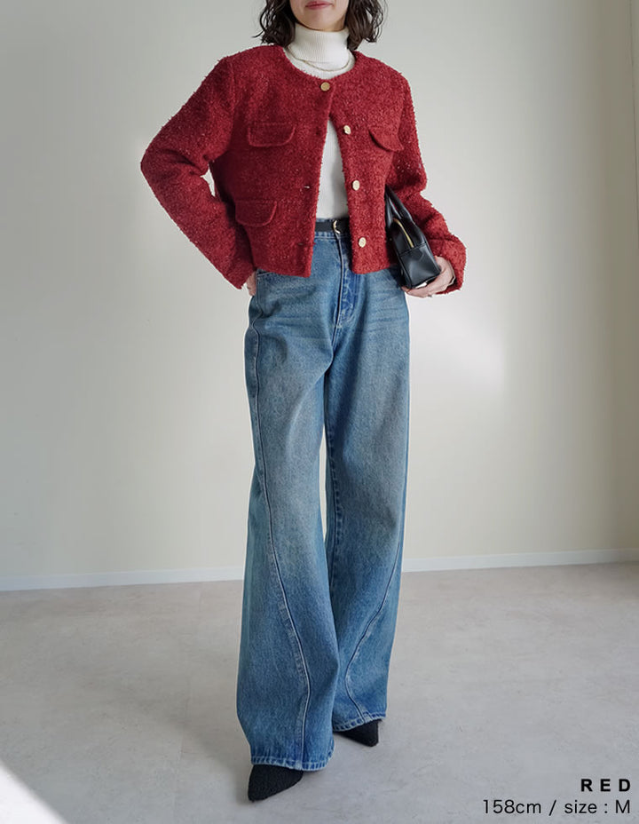 【TIME SALE 20%OFF】[入卒式 セレモニー]ボアリボン金釦ノーカラーツイードジャケット ジャケット/アウター 人気レディースファッション通販 リエディ