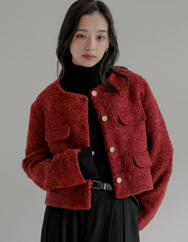 【TIME SALE 15%OFF】ボアリボン金釦ノーカラーツイードジャケット