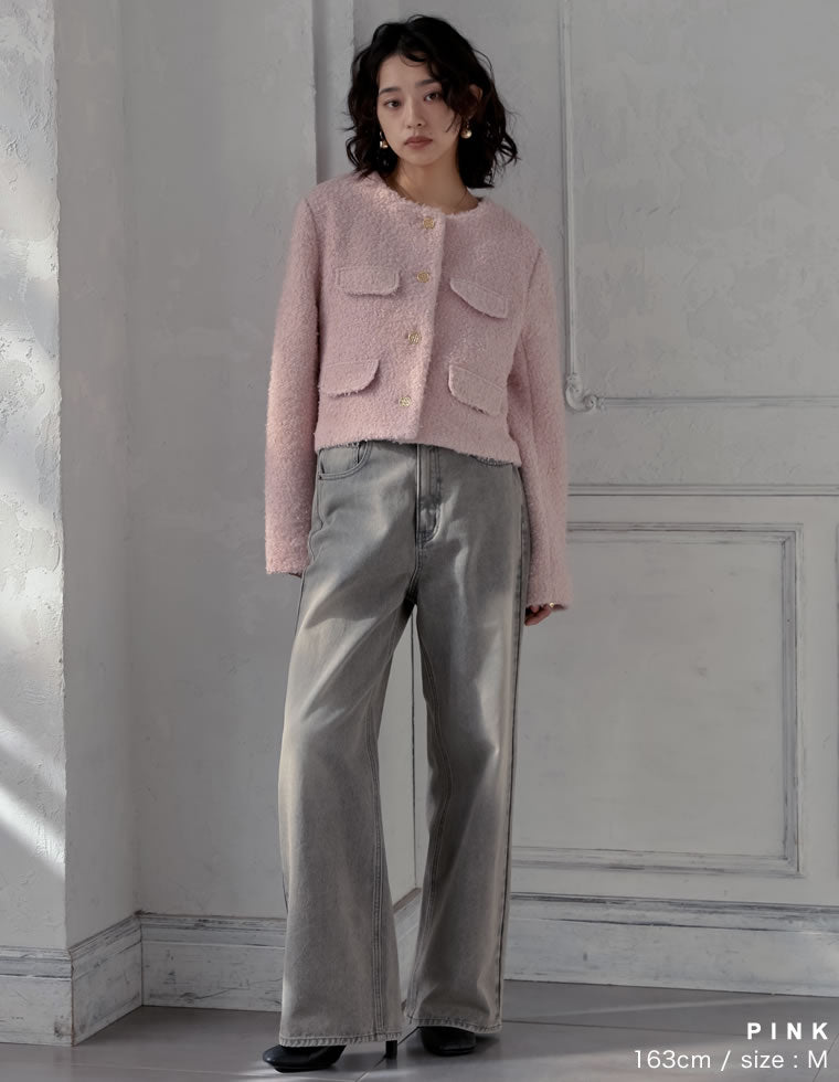 ボアリボン金釦ノーカラーツイードジャケット - ジャケット/アウター