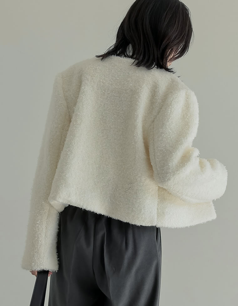 ボアリボン金釦ノーカラーツイードジャケット - ジャケット/アウター