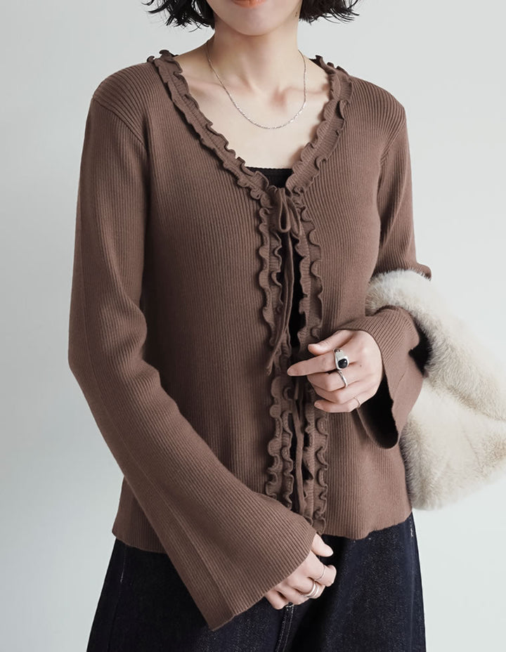 【TIME SALE 15%OFF】リボンフリルVネックカーディガン トップス 人気レディースファッション通販 リエディ
