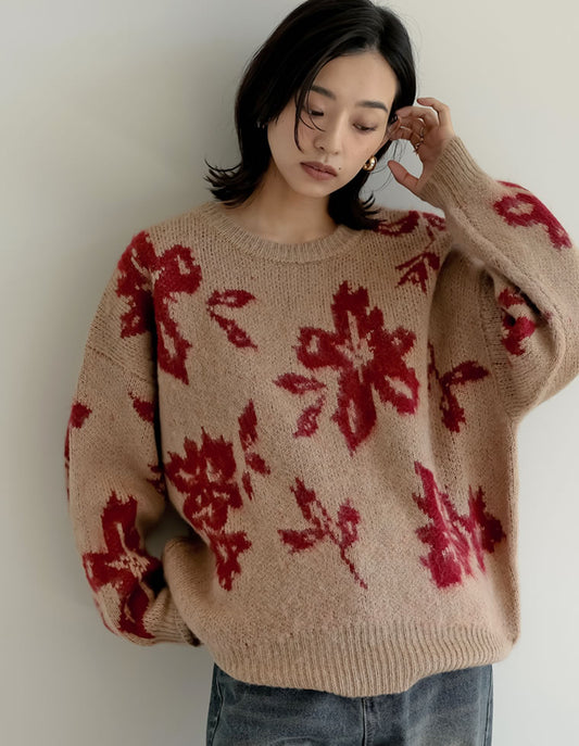 [2024-25 WINTER COLLECTION]フラワー柄ジャガードクルーネックニットトップス トップス 人気レディースファッション通販 リエディ