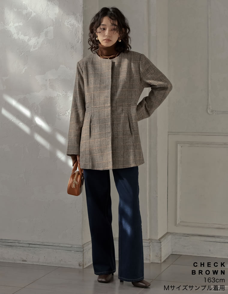 グレンチェックノーカラーフレアジャケット - ジャケット/アウター通販