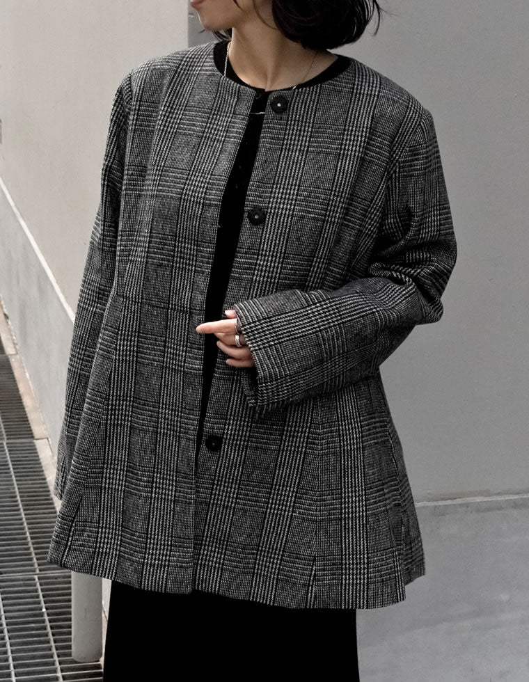 グレンチェックノーカラーフレアジャケット - ジャケット/アウター通販