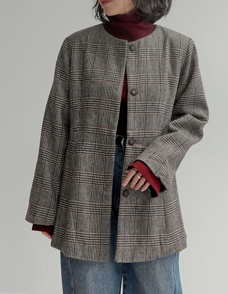 【美品】 Rene 袖リボン長袖フレアジャケット　36 白×黒 チェック グレンチェックノーカラーフレアジャケット - ジャケット/アウター通販