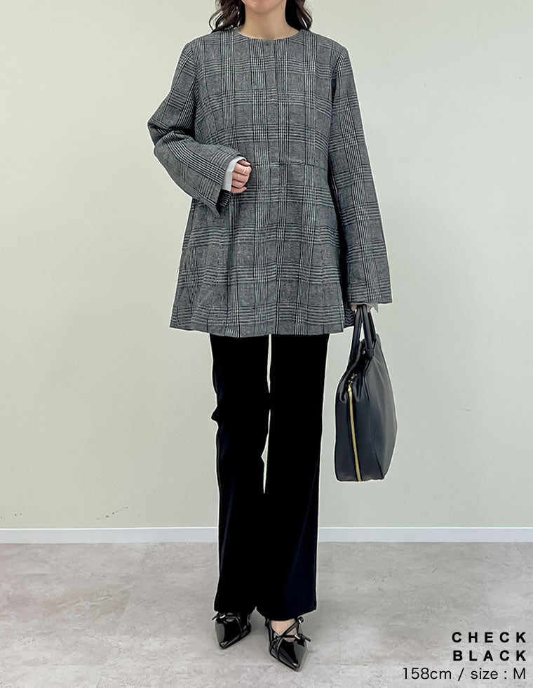 グレンチェックノーカラーフレアジャケット - ジャケット/アウター通販