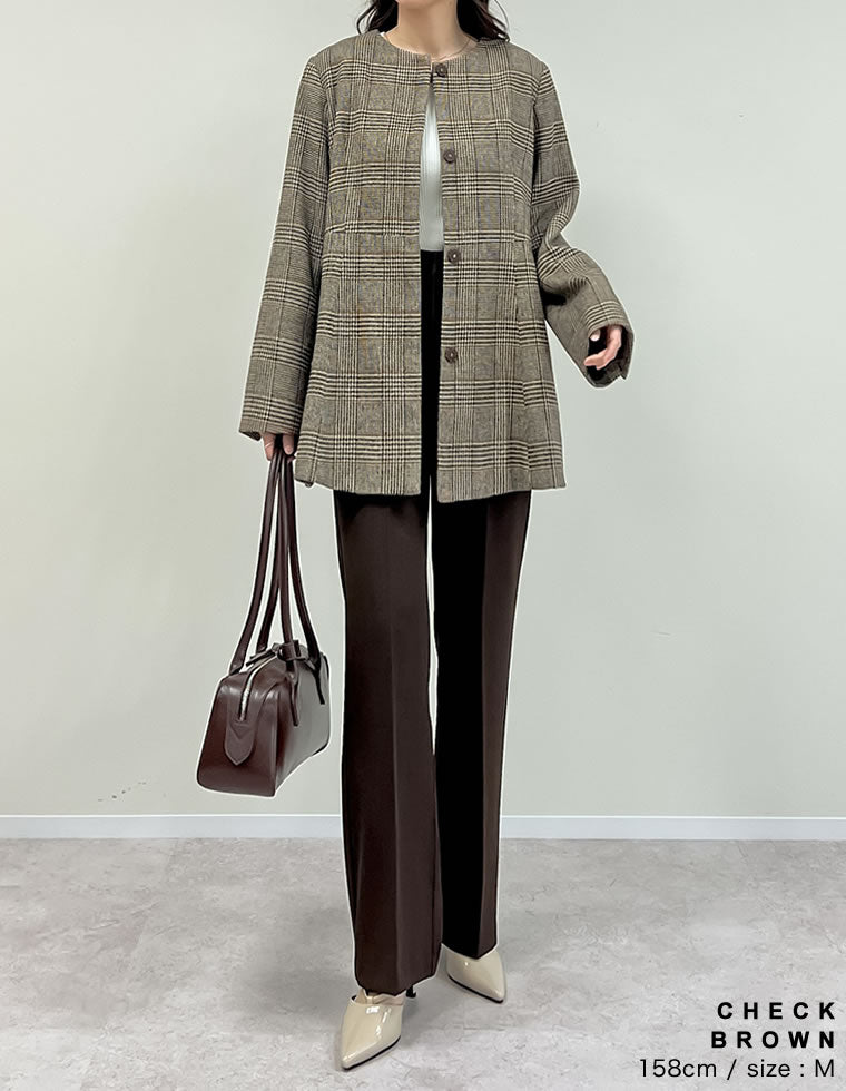 グレンチェックノーカラーフレアジャケット - ジャケット/アウター通販