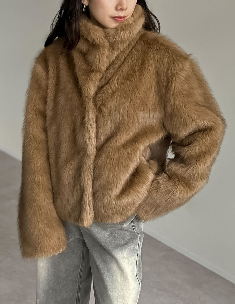 ビッグカラーフェイクファーショートコート - ジャケット/アウター通販