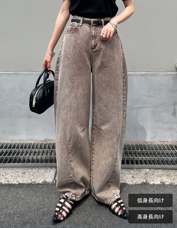 《期間限定！2BUY15%OFFクーポン対象》【SUMMER TIMESALE 20%OFF ¥4,998⇒¥3,998】[楽な穿き心地で体型カバー][2025 SUMMER COLLECTION][低身長/高身長サイズ有][全骨格細見え]ウォッシュ加工コットンツイルバレルレッグパンツ