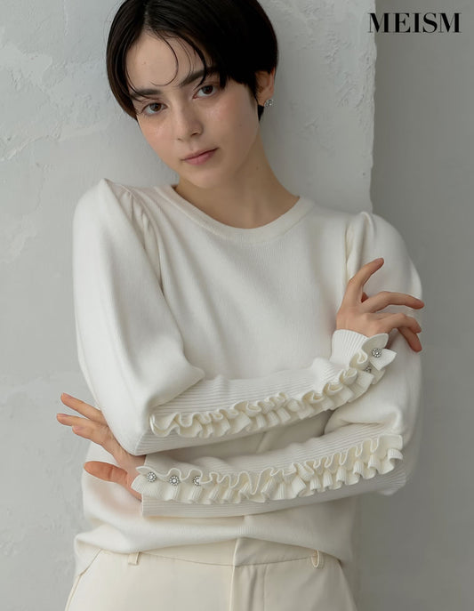 【限定TIME SALE 5%OFF ¥4,998⇒¥4,748】[2024-25 WINTER COLLECTION][MEISM by Re:EDIT]ビジュー×フリルスリーブニットトップス トップス 人気レディースファッション通販 リエディ