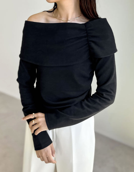 【限定TIME SALE 5%OFF ¥3,298⇒¥3,133】ストレッチリブカットソーギャザーオフショルトップス トップス 人気レディースファッション通販 リエディ