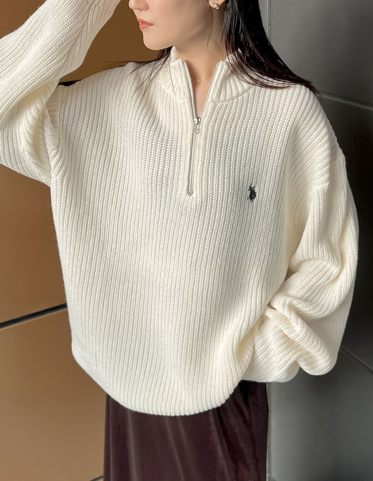 TTT_MSW Kasuri Knit polo ハーフジップ ニット 刺繍 ワンポイント刺繍ハーフジップニット - トップス通販 | 人気レディース