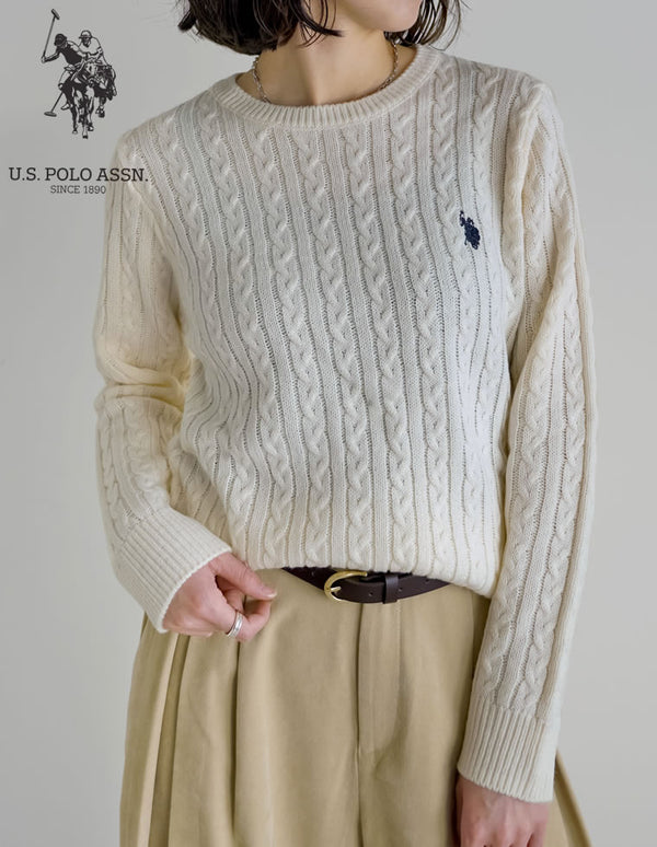 【TIME SALE 10%OFF】[新色追加][U.S. POLO ASSN.][別注]ワンポイント刺繍ケーブルニットトップス