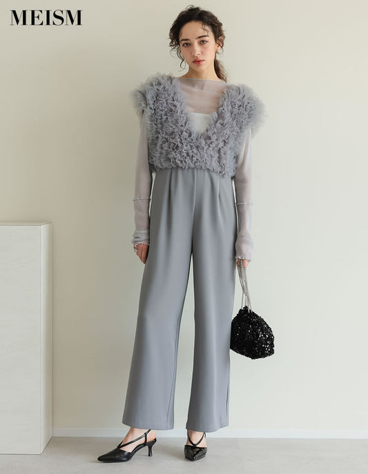 《今だけ！2BUY15%OFFクーポンで ¥7,998⇒¥6,798》[2025SS COLLECTION][MEISM by Re:EDIT][オケージョン セレモニー][低身長サイズ有]チュールフリルドッキングオールインワン