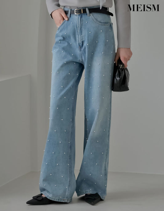 【TIME SALE 15%OFF】[MEISM by Re:EDIT][低身長/高身長サイズ有]ラインストーンorパールコットンデニムバギーパンツ パンツ 人気レディースファッション通販 リエディ
