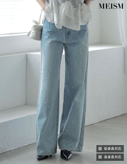 【TIME SALE 10%OFF】[MEISM by Re:EDIT][低身長/高身長サイズ有]ラインストーンorパールコットンデニムバギーパンツ パンツ 人気レディースファッション通販 リエディ