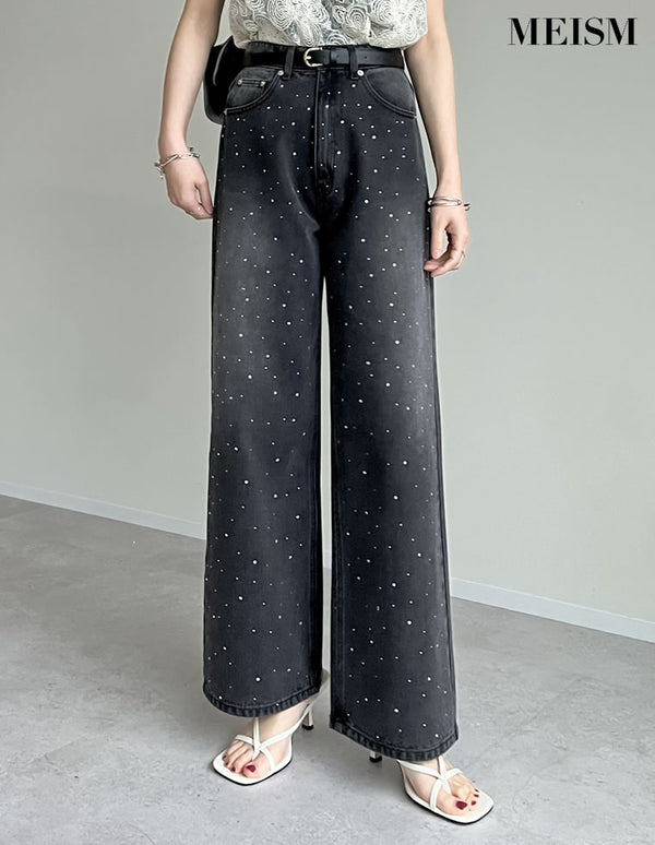 【限定TIME SALE 5%OFF ¥6,998⇒¥6,648】[2025SS COLLECTION][MEISM by Re:EDIT][低身長/高身長サイズ有]ラインストーンorパールコットンデニムバギーパンツ