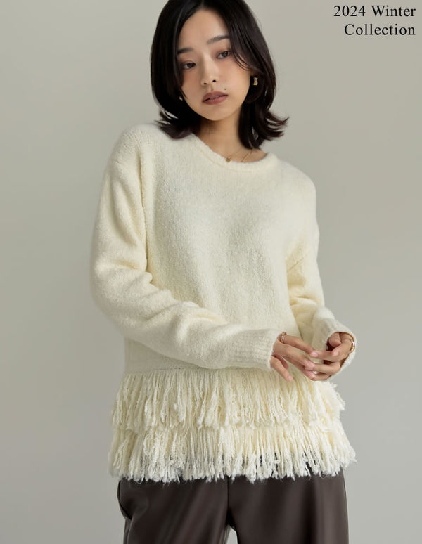 【好評につき延長！限定TIME SALE 10%OFF ¥4,998⇒¥4,498】[2024-25 WINTER COLLECTION]ブークレ裾フリンジニットトップス