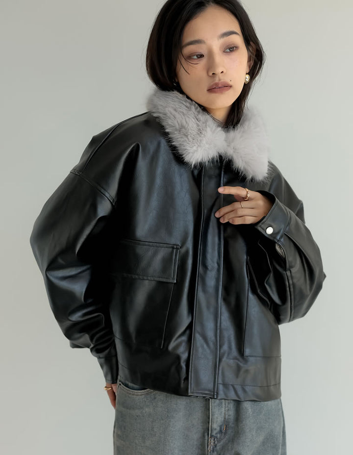 [2024-25 WINTER COLLECTION]2WAYヴィンテージライクファー付フェイクレザージャケット ジャケット/アウター 人気レディースファッション通販 リエディ