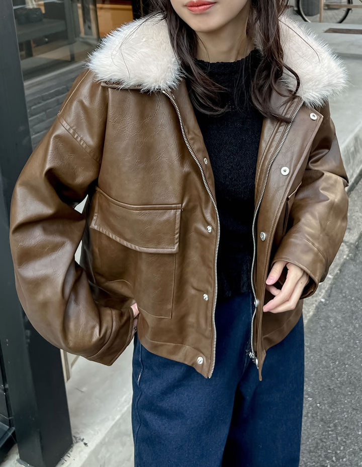 [2024-25 WINTER COLLECTION]2WAYヴィンテージライクファー付フェイクレザージャケット ジャケット/アウター 人気レディースファッション通販 リエディ