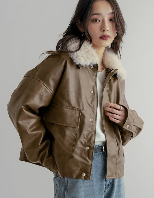 【TIME SALE 24%OFF】[裏ファー]2WAYヴィンテージライクファー付フェイクレザージャケット