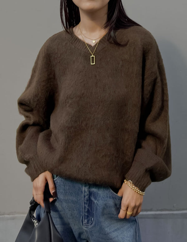 [新色追加]モヘアライクVネックニットトップス