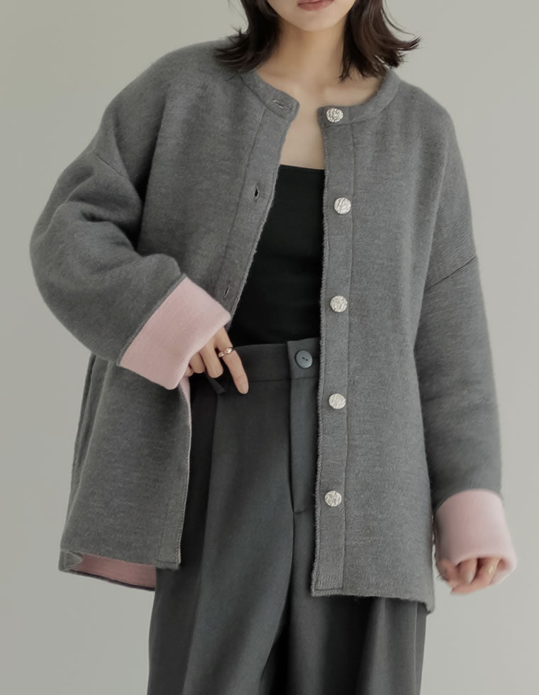 【日曜まで出品♪】エリー　ellie ドッグボタンニットコート　グレー バイカラー金釦起毛ニットコート - ジャケット/アウター通販 | 人気