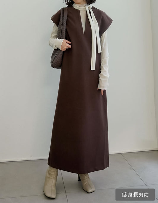 【TIME SALE 10%OFF】[低身長サイズ有]圧縮ニットソーポケット付きキーネックワンピース