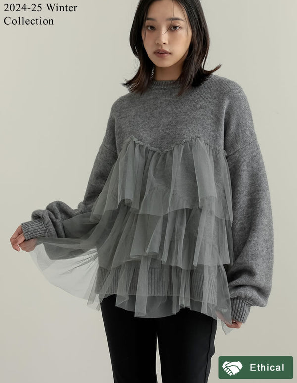 【好評につき延長！限定TIME SALE 10%OFF ¥4,298⇒¥3,868】[2024-25 WINTER COLLECTION]チュールギャザーモヘアタッチニットプルオーバー