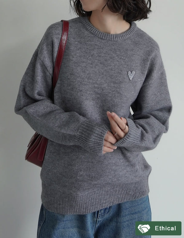 【TIME SALE 20%OFF】アルパカタッチハートワッペン付きニットトップス
