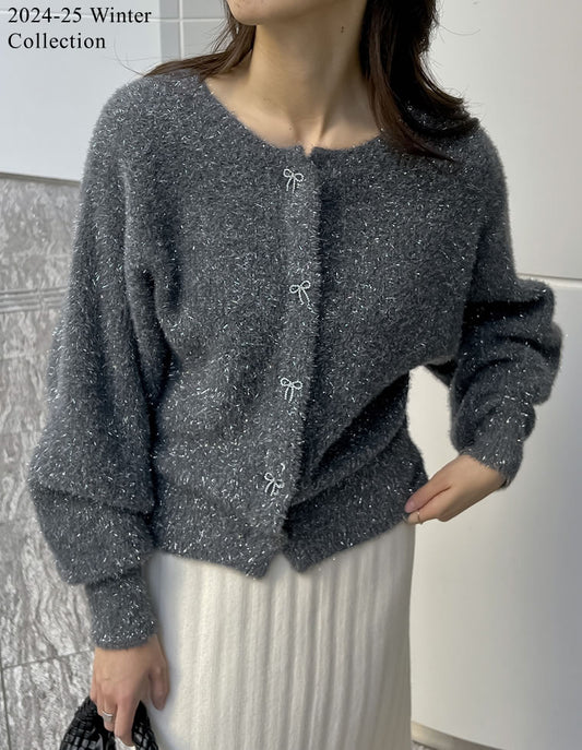 [2024-25 WINTER COLLECTION]ラメフェザーニットリボンボタンカーディガン トップス 人気レディースファッション通販 リエディ