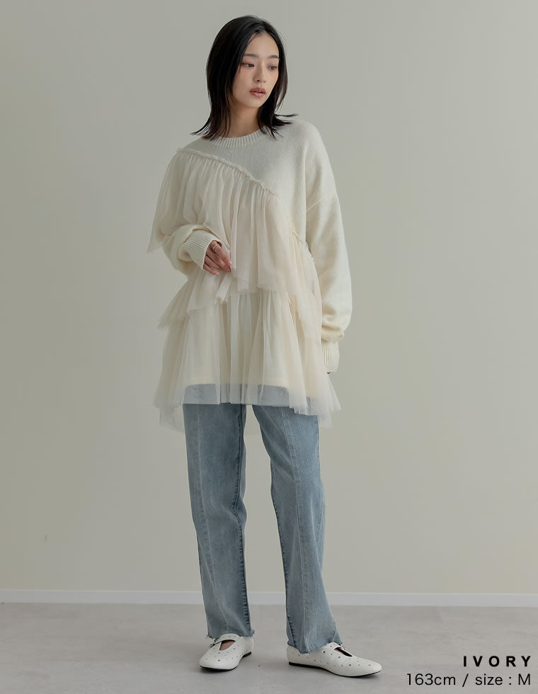 アドニシス　ホワイト チュール袖 ジャケット風トップス Adonisis】チュールマイクロフリルスリーブショートTS26213 | WEAR
