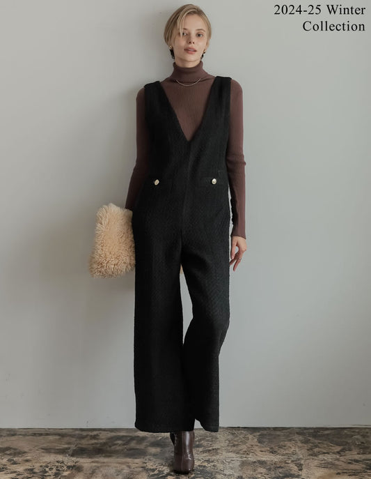[2024-25 WINTER COLLECTION][低身長/高身長サイズ有]ツイード深Vネック金ボタンサロペット オールインワン 人気レディースファッション通販 リエディ