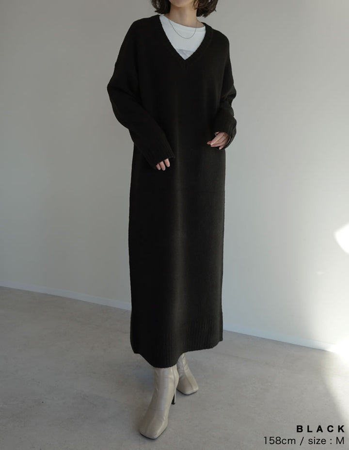 [新色追加][低身長サイズ有][体型カバー][洗濯機で洗える]Vネックブークレニットワンピース ワンピース 人気レディースファッション通販 リエディ